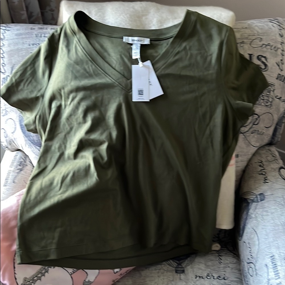 Spanx Women’s V-Neck Short Sleeve Top — Olive Green 1x
